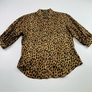 Lauren Ralph Lauren Women Blouse Cheetah Animal Print Small with Puffed Sleeves